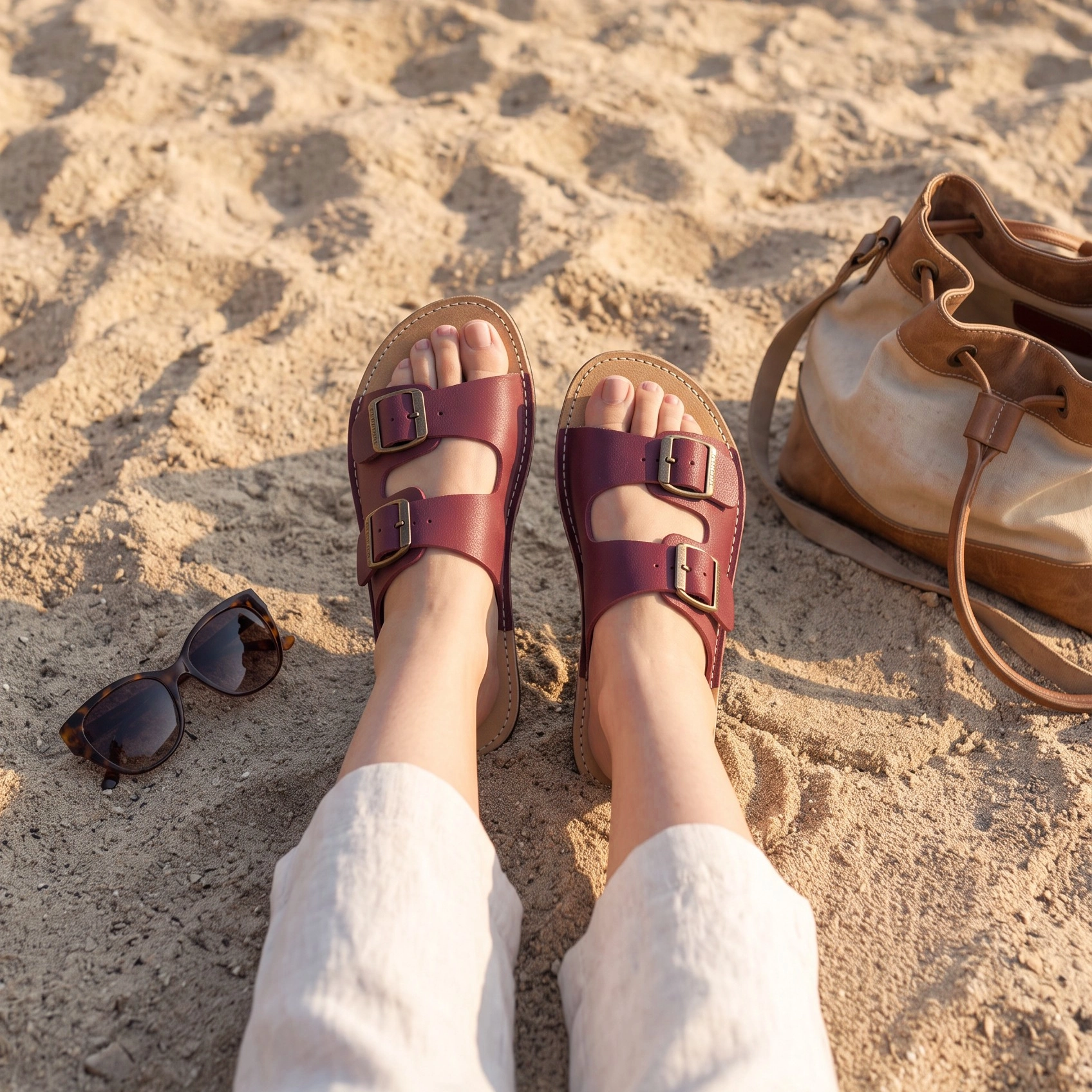 Bordo Gerçek Deri Barefoot Çift Bantlı Kadın Terlik | El Yapımı - Görsel 3