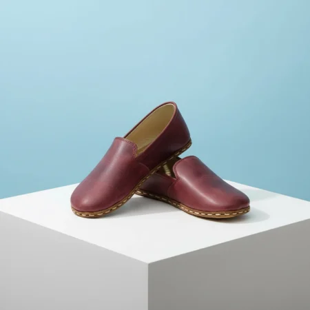 Kadın Bordo Gerçek Deri Barefoot Loafer – El İmalatı, Bakır Perçinli Topraklama Özellikli