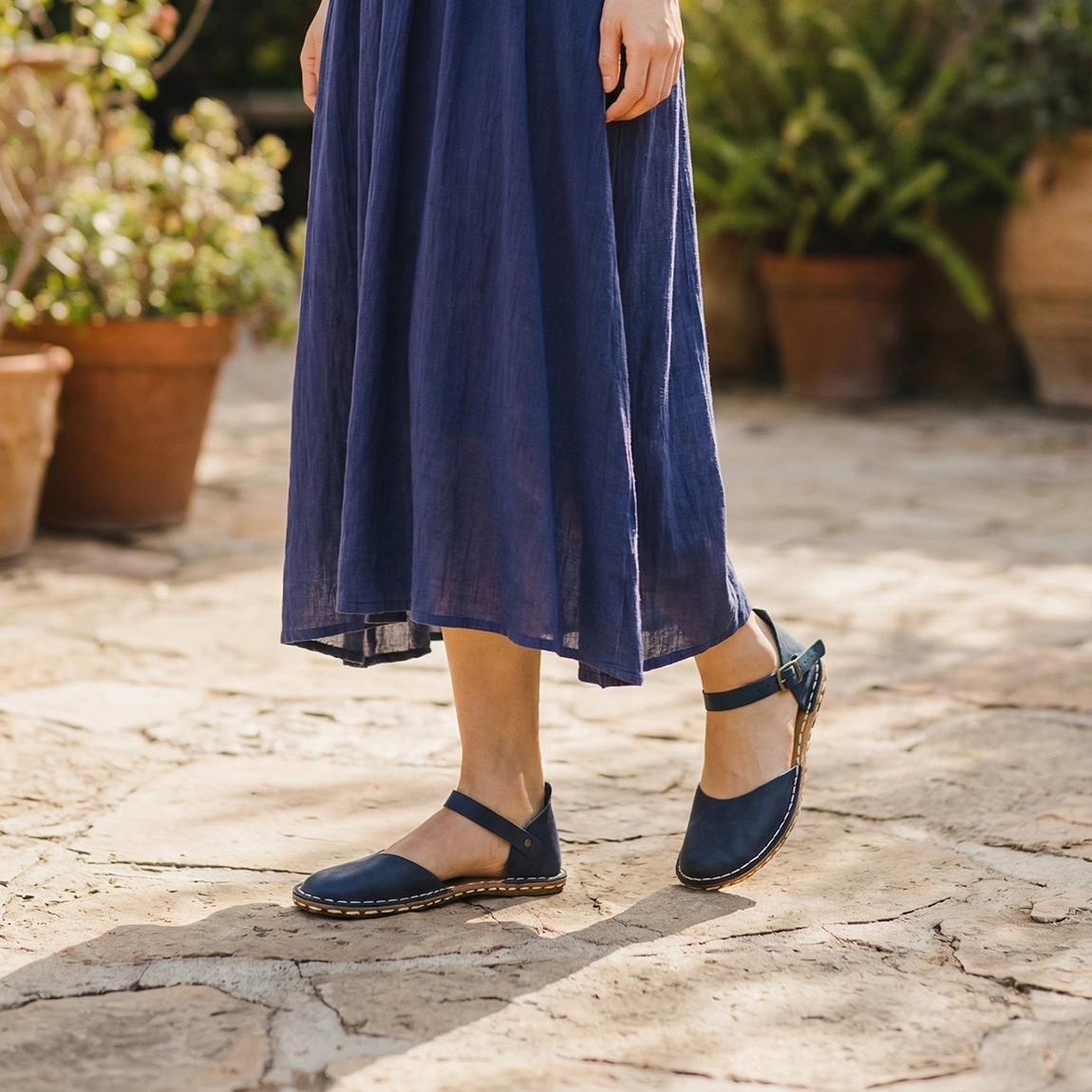 Kadın Hakiki Lacivert Deri Barefoot Sandalet