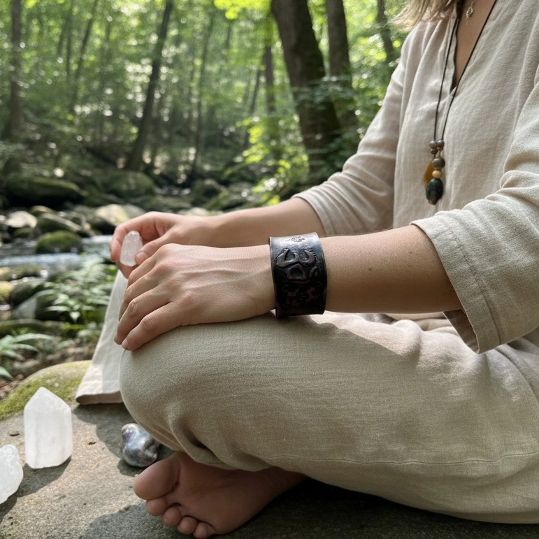 Handmade OM Mantra Engraved Leather Bracelet – Spiritual Distressed Leather - Image 5
