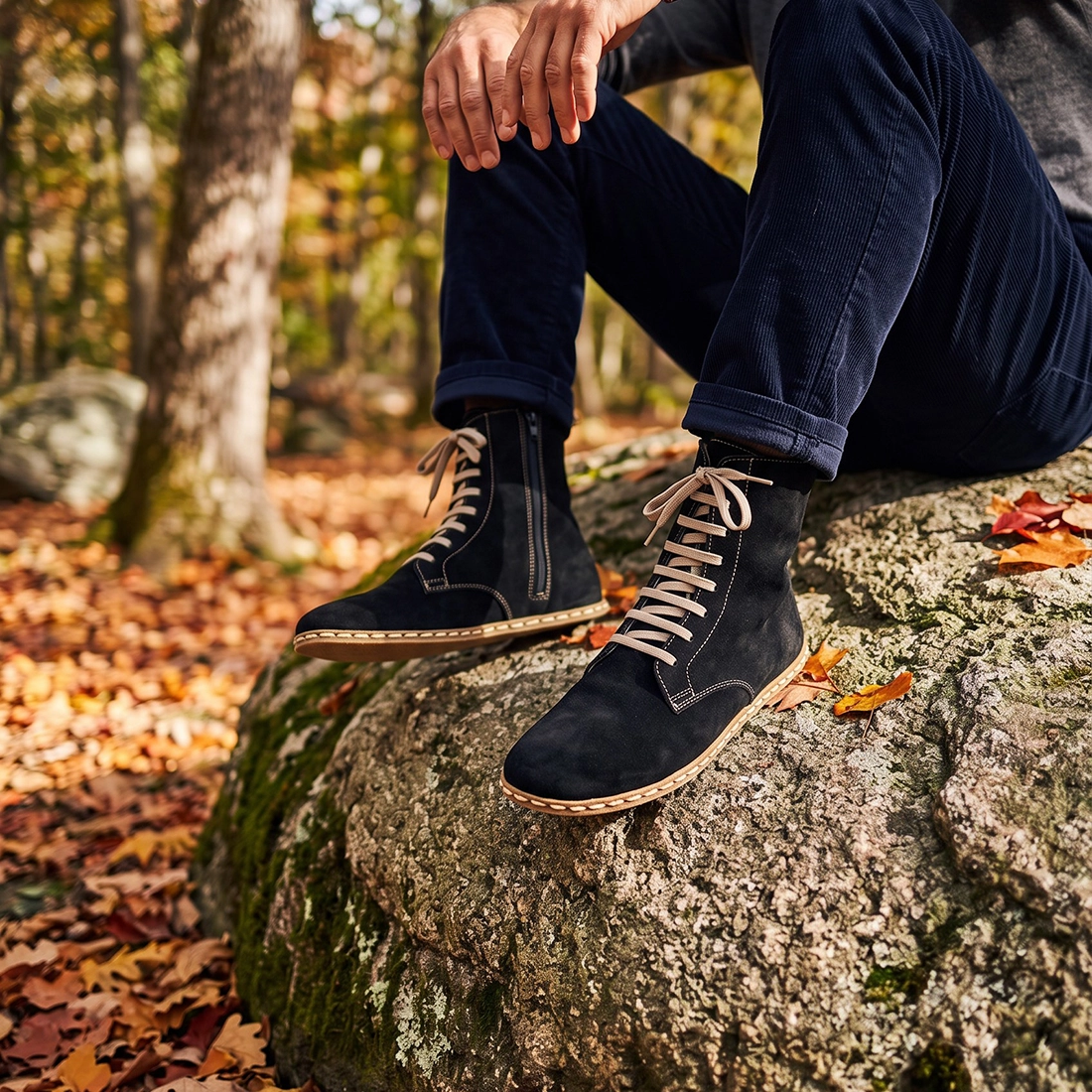 Men’s Black Barefoot Lace-Up Boots – Leather Sole, Genuine Suede