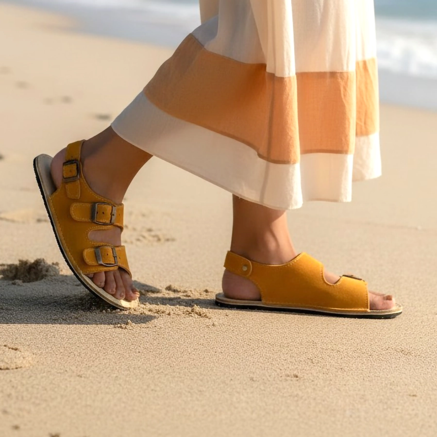 Sarı Süet Deri Barefoot Çift Bantlı Sandalet Kadın | Geniş Burun & Kauçuk Sıfır Taban - Görsel 3