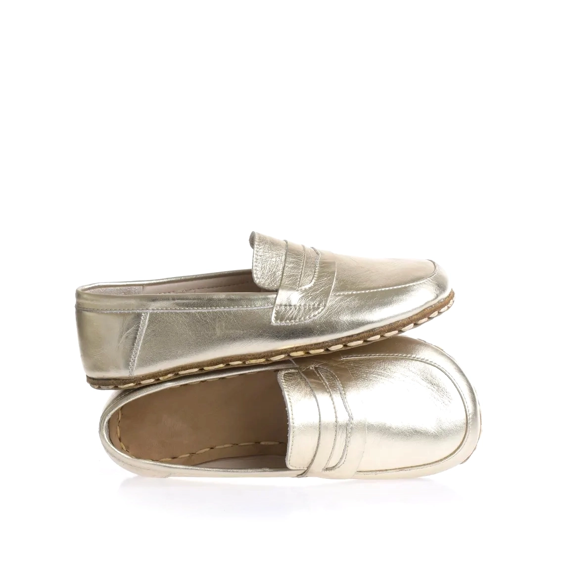 Kadın Altın Rengi Deri Barefoot Penny Loafer - Topraklamalı Taban - Görsel 5