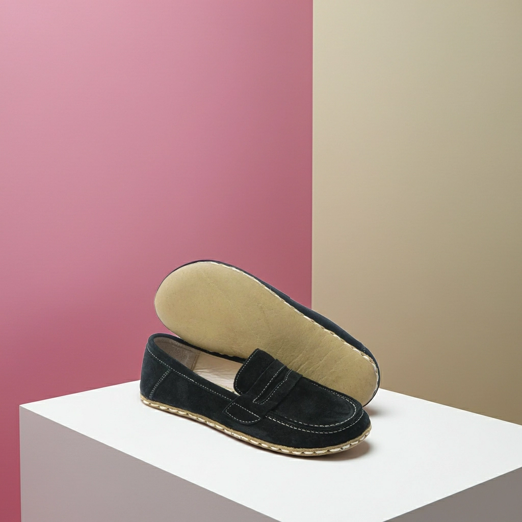 Women's Black Suede Leather Handmade Barefoot Penny Loafer – Grounding Sole