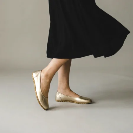 Altın Rengi Deri Kadın Barefoot Babet – Topraklama Taban