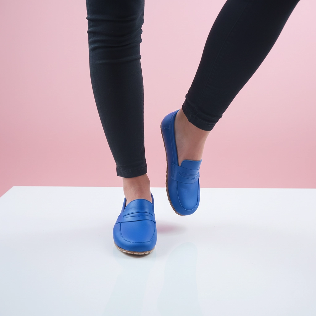 Kadın Mavi Barefoot Penny Loafer | El Yapımı Gerçek Deri Minimalist Ayakkabı