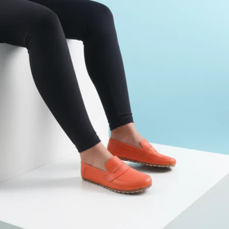 El Yapımı Kadın Barefoot Penny Loafer Turuncu | Gerçek Deri Minimalist Ayakkabı