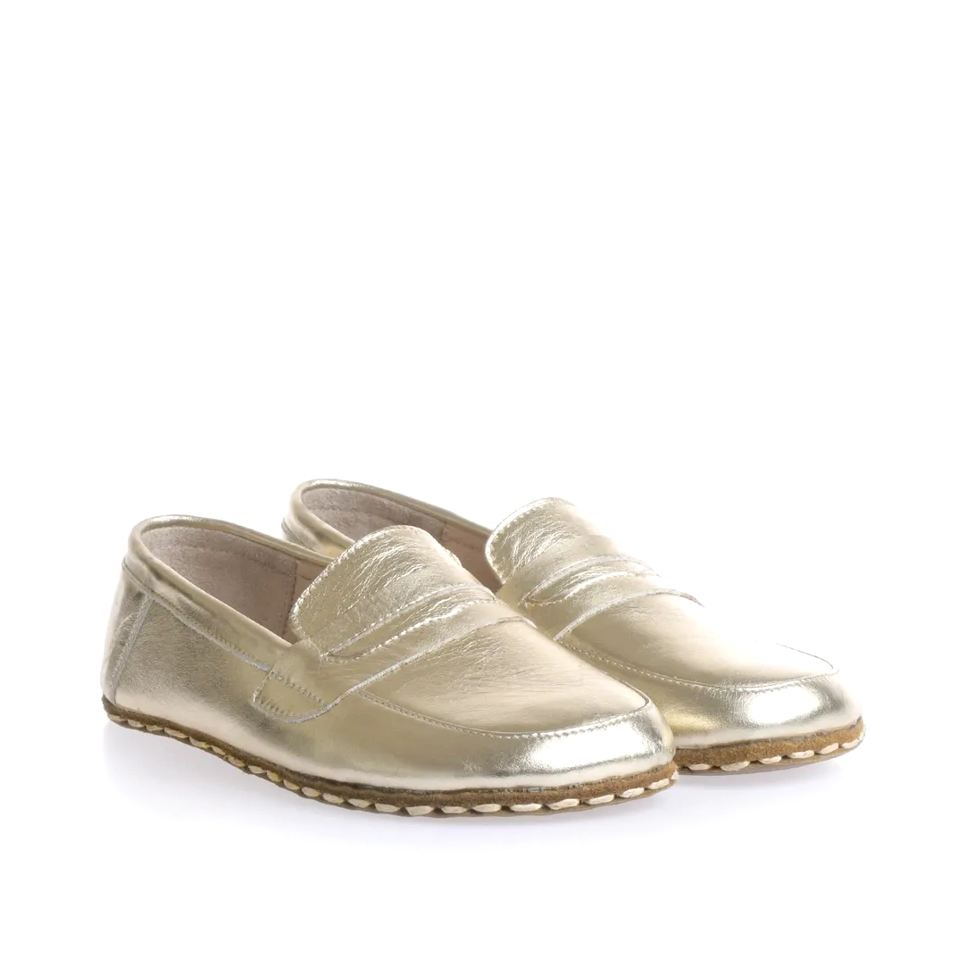 Kadın Altın Rengi Deri Barefoot Penny Loafer - Topraklamalı Taban - Görsel 3