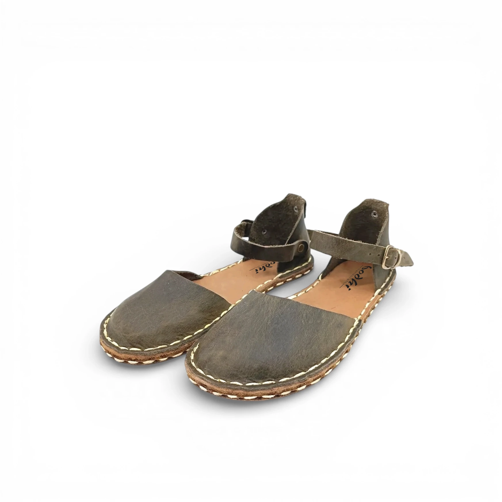 Kadın Zeytin Yeşili Hakiki Deri El İmalatı Barefoot Sandalet – Topraklamalı - Görsel 4