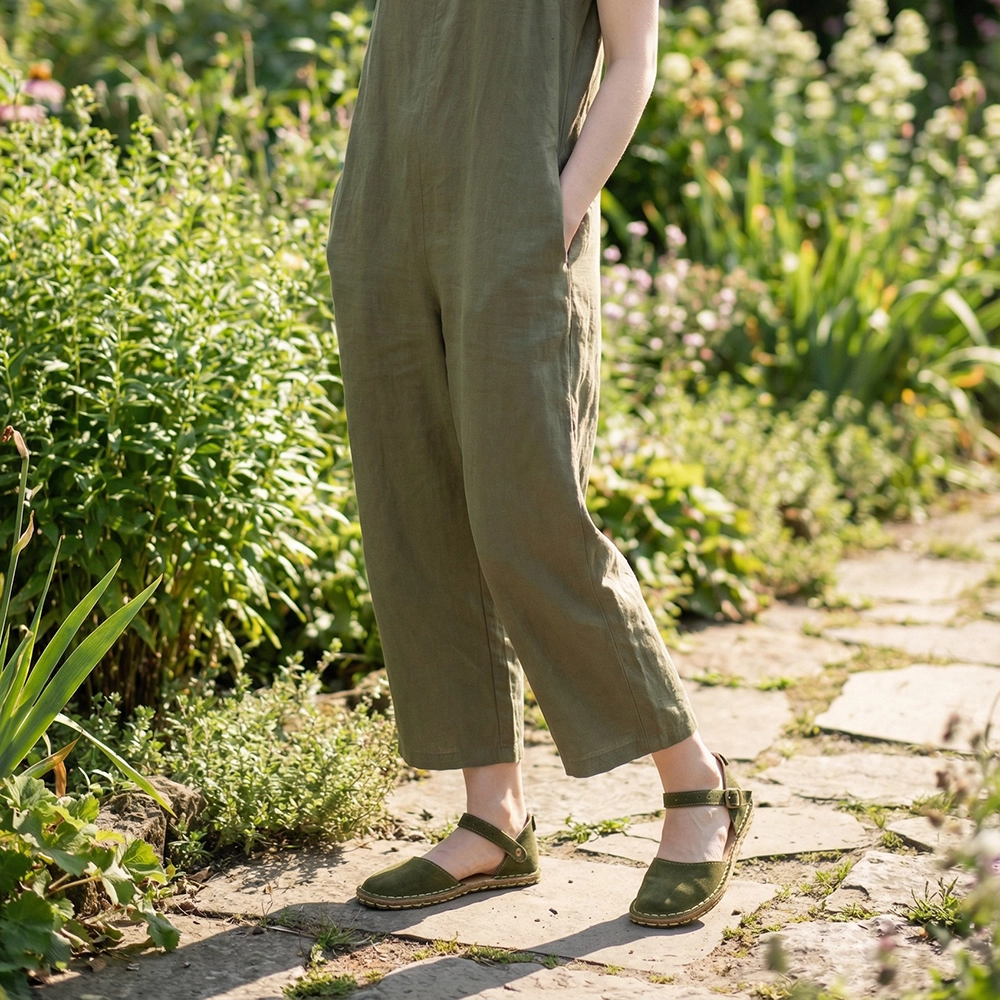 Minimalist Kadın Yeşil Hakiki Süet Deri Barefoot Sandalet – Topraklamalı Taban