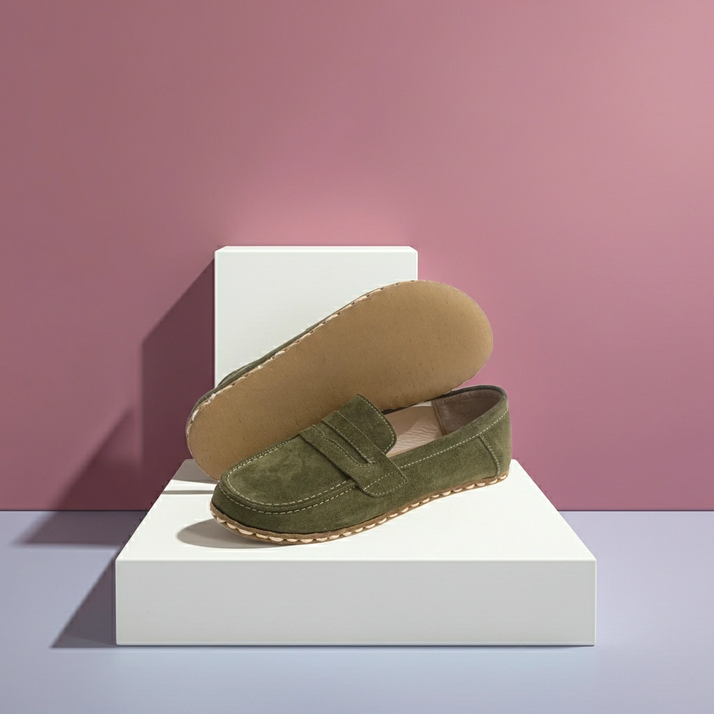 Handmade Women's Barefoot Penny Loafer – Green Suede Leather