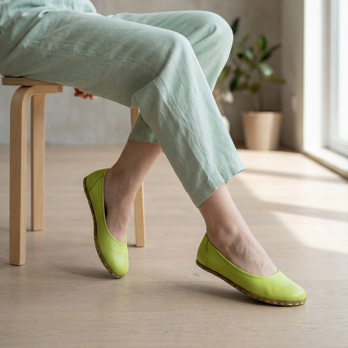 Women's Special Pistachio Green Leather Barefoot Flats – Grounding Buffalo Leather Sole