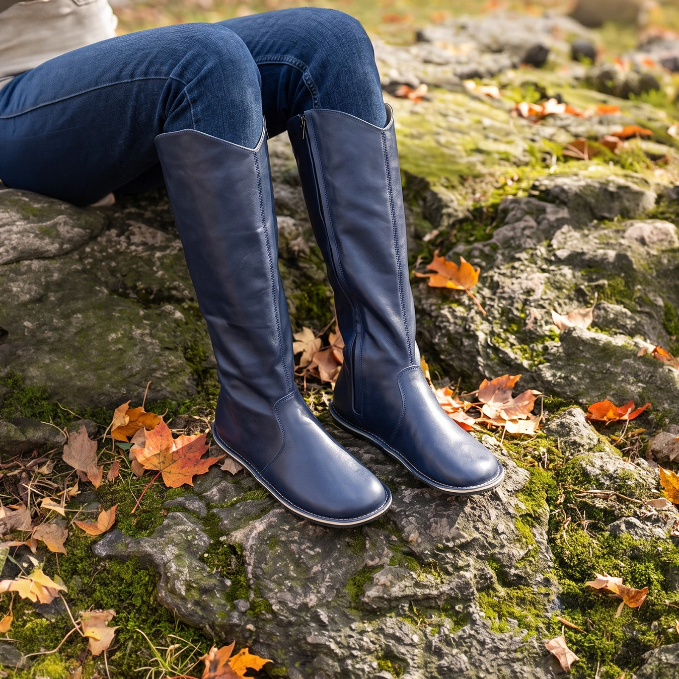 Women's Navy Blue Leather Barefoot Tall Boots – Handmade - Image 7