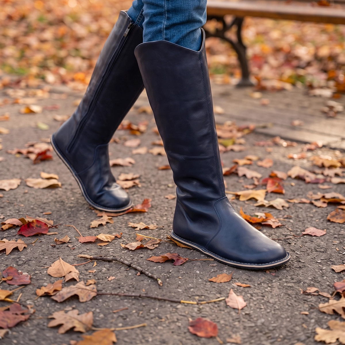 Women's Navy Blue Leather Barefoot Tall Boots – Handmade - Image 5