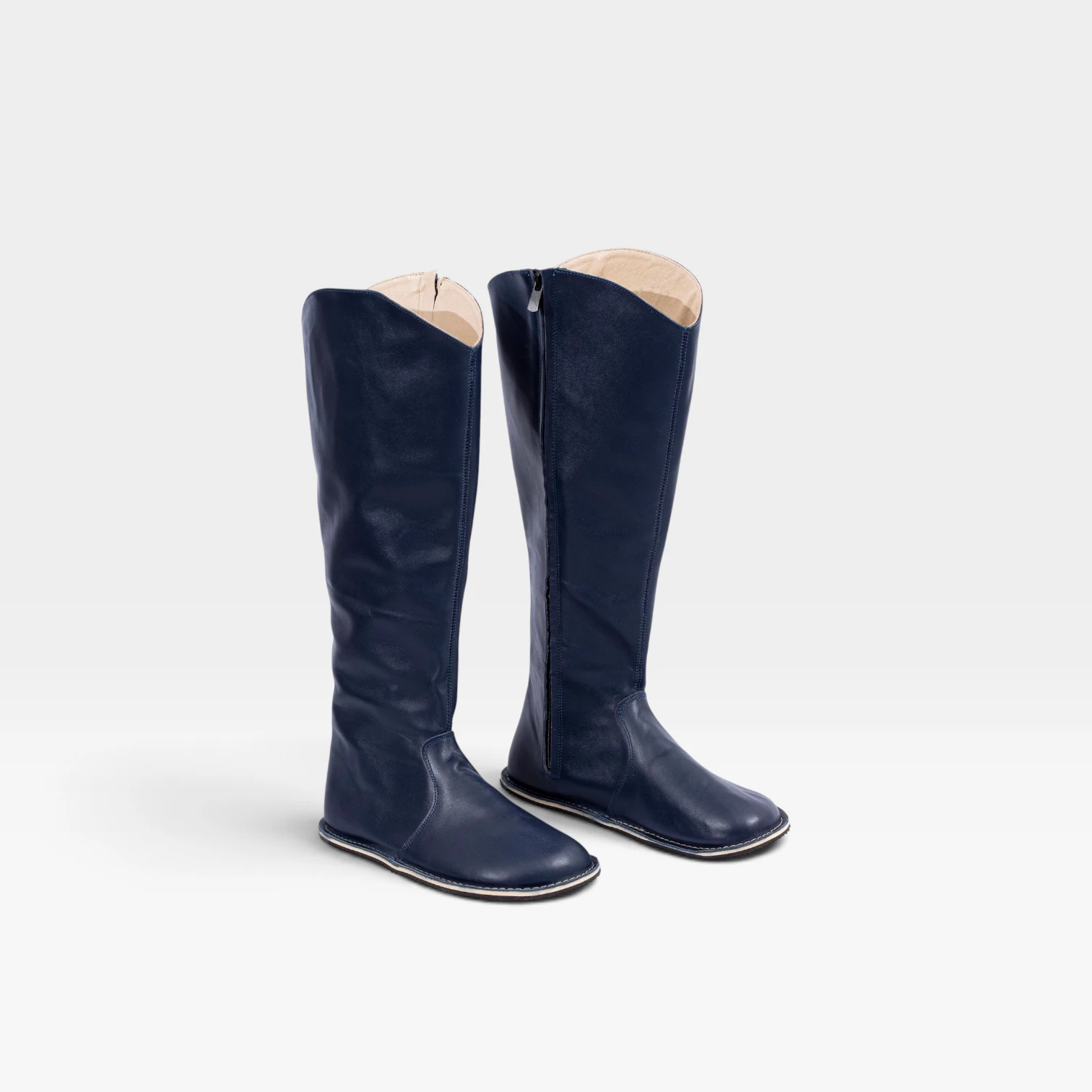 Women's Navy Blue Leather Barefoot Tall Boots – Handmade