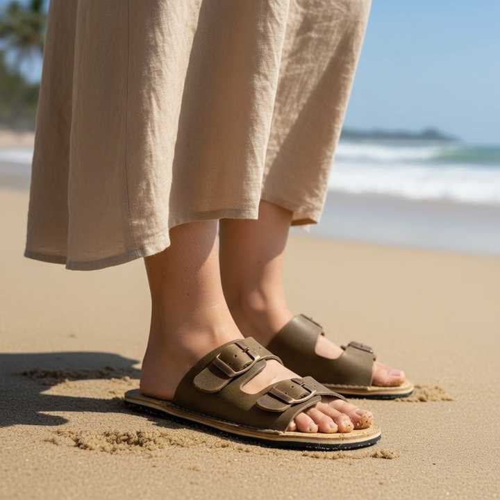 Kadın Zeytin Yeşili Deri Barefoot Çift Tokalı Terlik | El Yapımı Minimalist Terlik