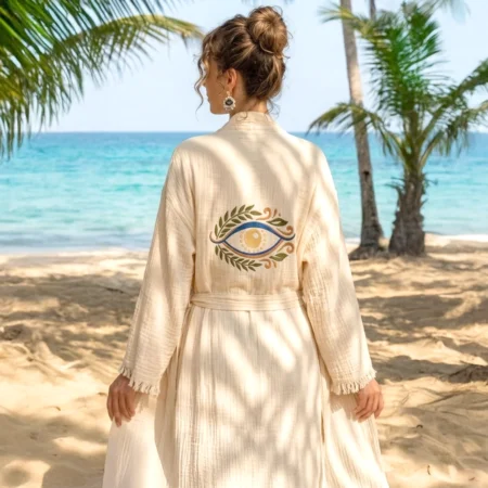 Nature & Eye Embroidered Women's Kimono – Spiritual Strength & Natural Elegance