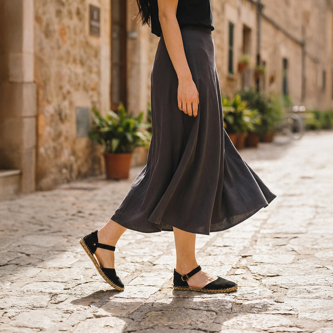 Kadın Siyah Hakiki Süet Deri Barefoot Sandalet – Bakır Pimli Topraklamalı Taban