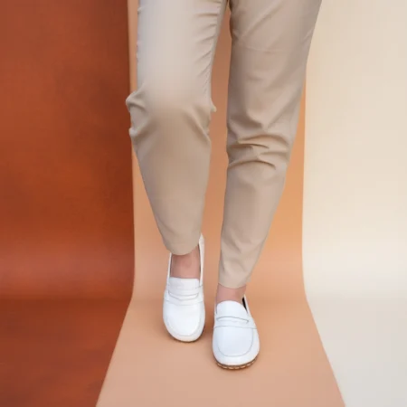 Kadın Beyaz Deri Barefoot Penny Loafer - Topraklamalı Taban