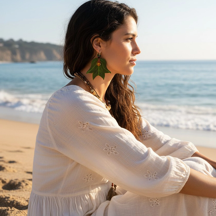 El İmalatı Deri Küpe – Lale Ağacı Yaprağı Formunda | Minimalist ve Doğal Stil