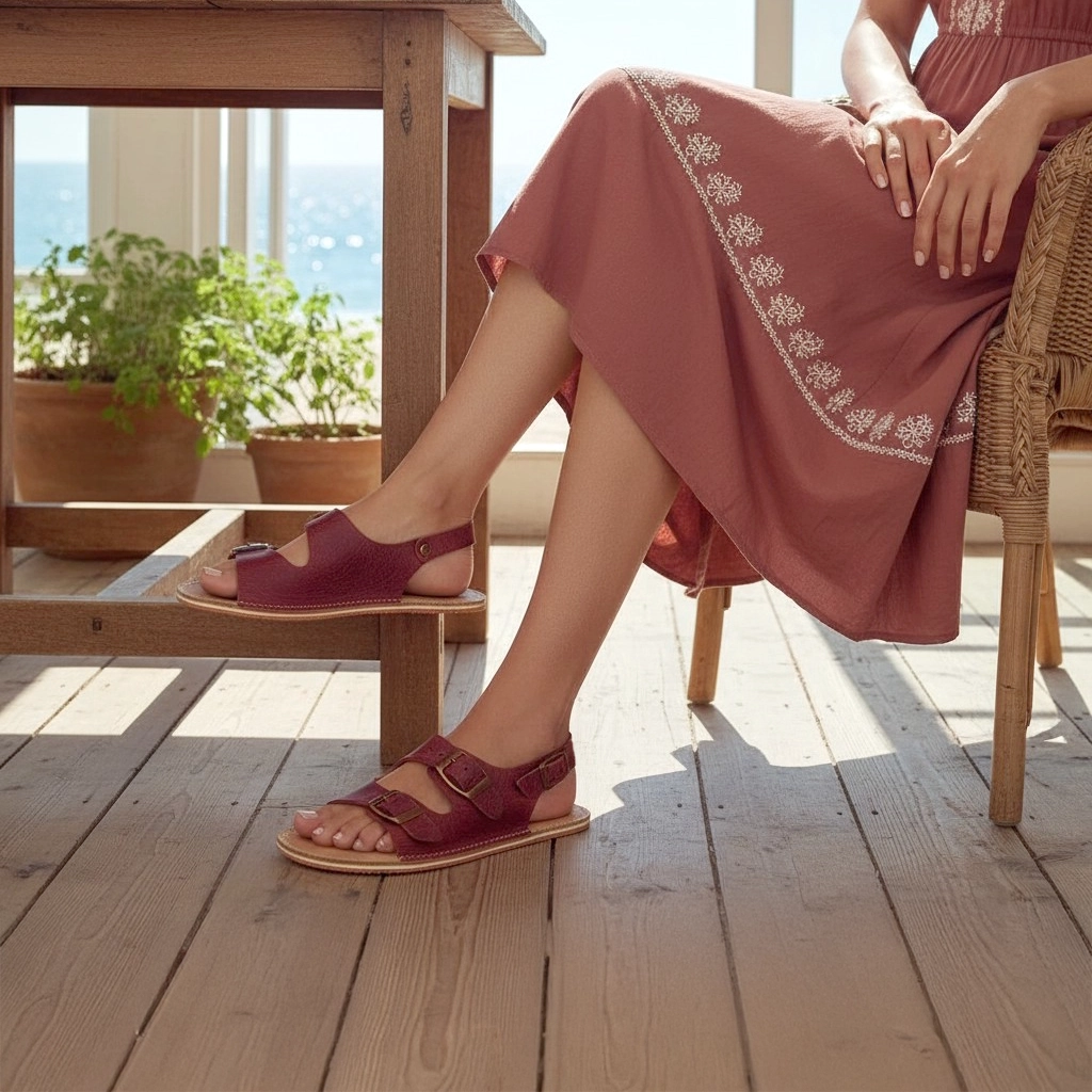 Women's Burgundy Barefoot Double Buckle Leather Sandals | Wide Toe Box & Zero Drop - Image 5