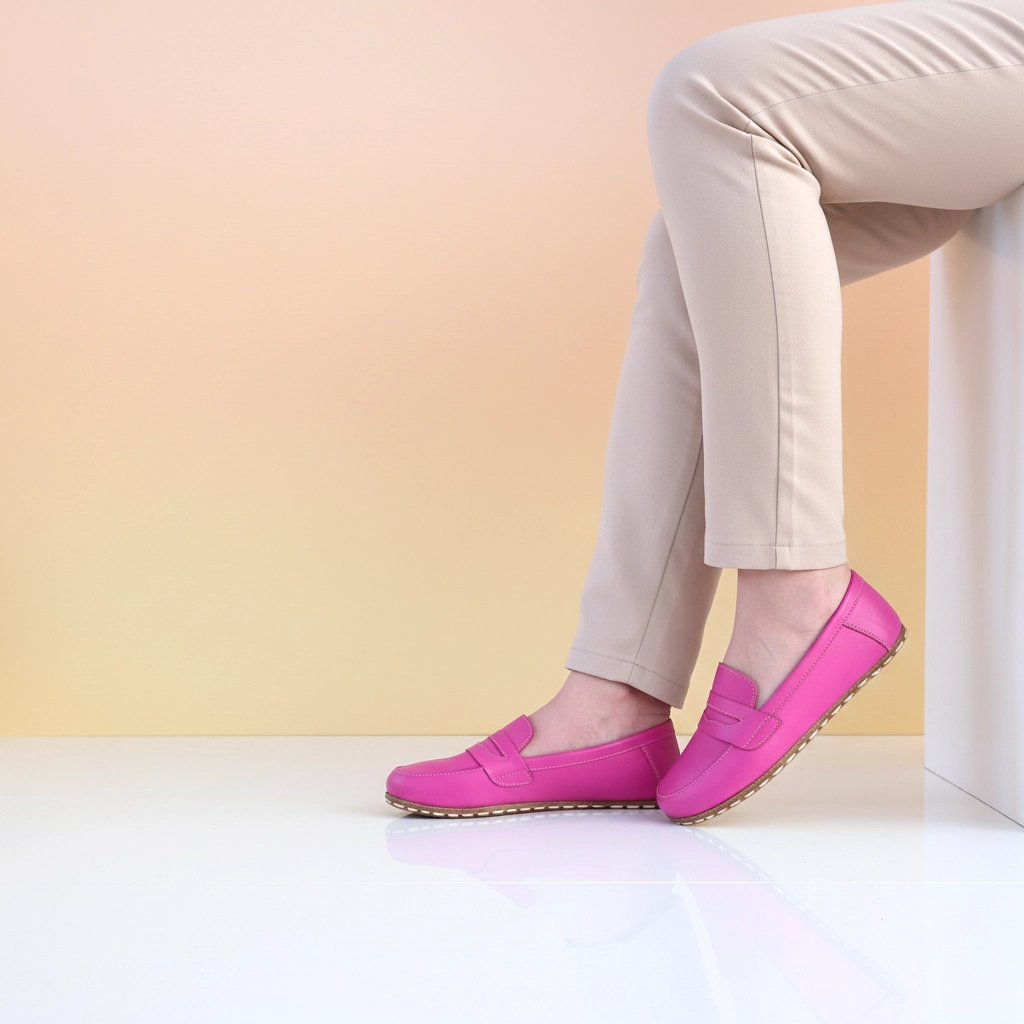 Women's Pink Leather Barefoot Penny Loafer - Grounding