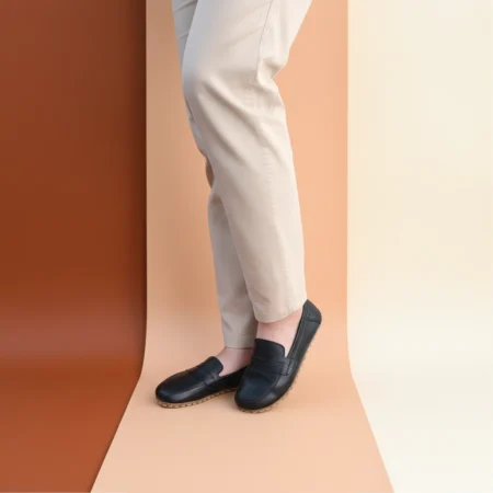 Women's Black Leather Barefoot Penny Loafer - Grounding Sole