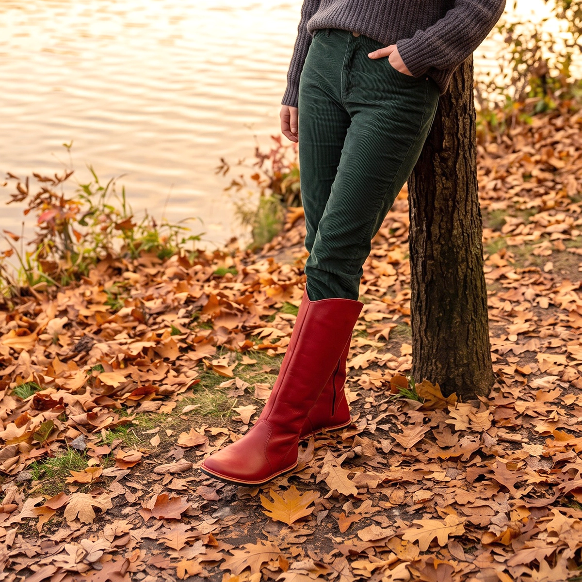 Women's Barefoot Red Leather Knee-High Boots - Image 8
