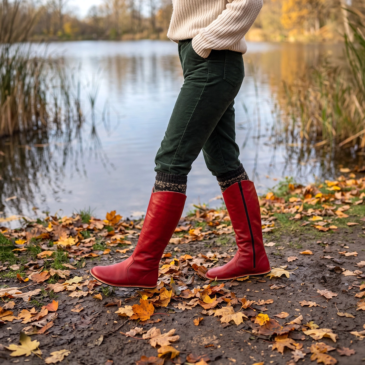 Women's Barefoot Red Leather Knee-High Boots - Image 6