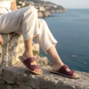 Natural comfort and minimalist style with these handmade burgundy genuine leather barefoot double strap slide sandals for women.