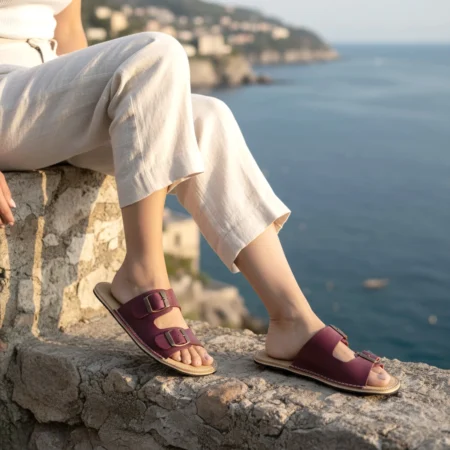 Natural comfort and minimalist style with these handmade burgundy genuine leather barefoot double strap slippers for women.