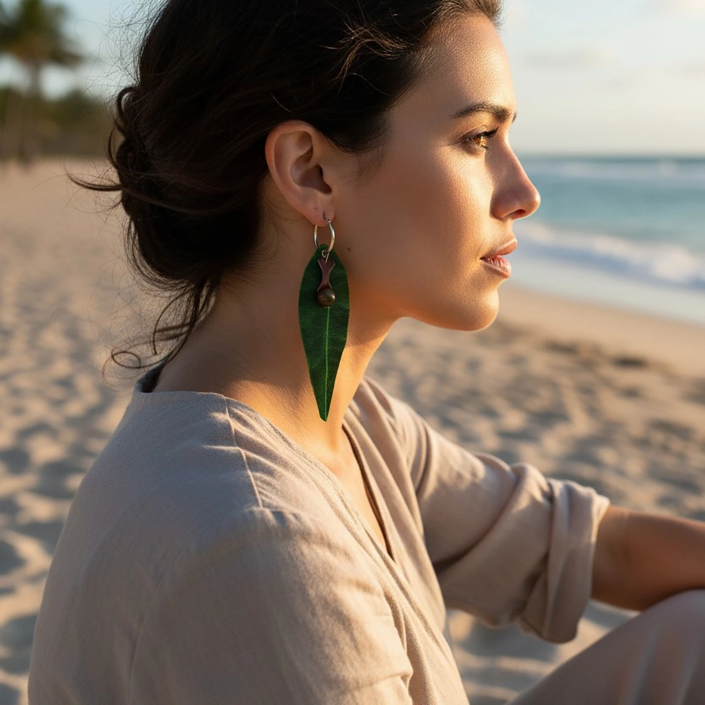 Orman Yaprağı Formunda Deri Küpe – El İmalatı, Minimalist ve Doğal Stil