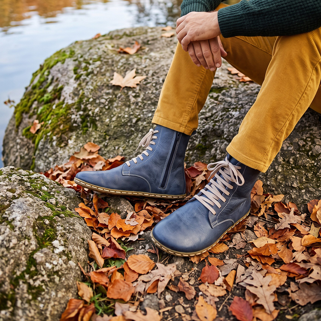 Men’s Blue Barefoot Lace-Up Boots – Leather Sole