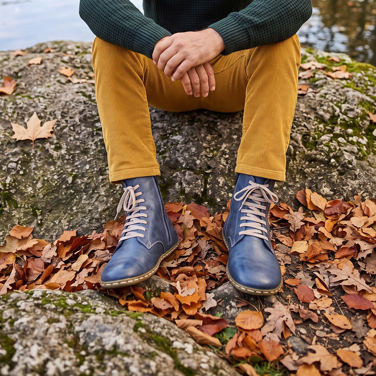 Men’s Blue Barefoot Lace-Up Boots – Leather Sole - Image 3