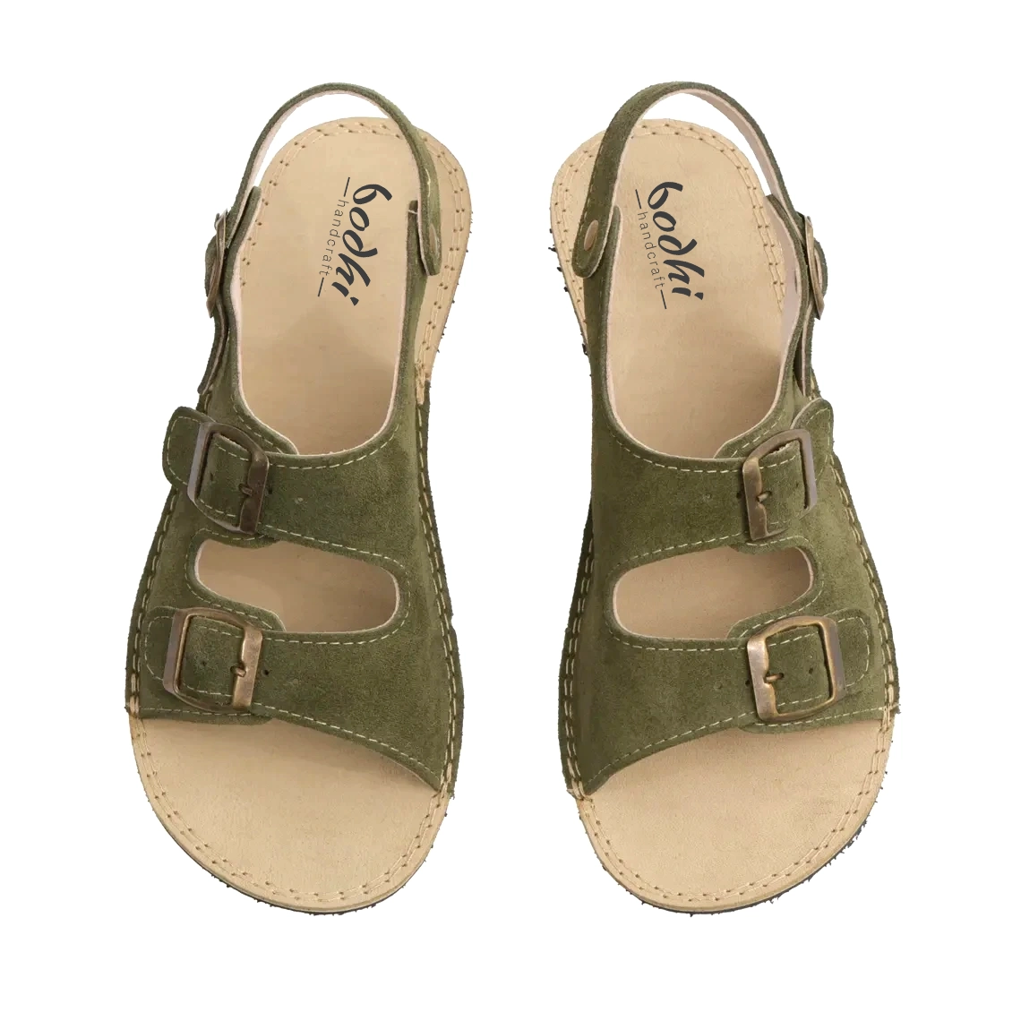 Women's Green Suede Leather Barefoot Double Strap Sandals | Handmade - Rubber Sole - Image 4