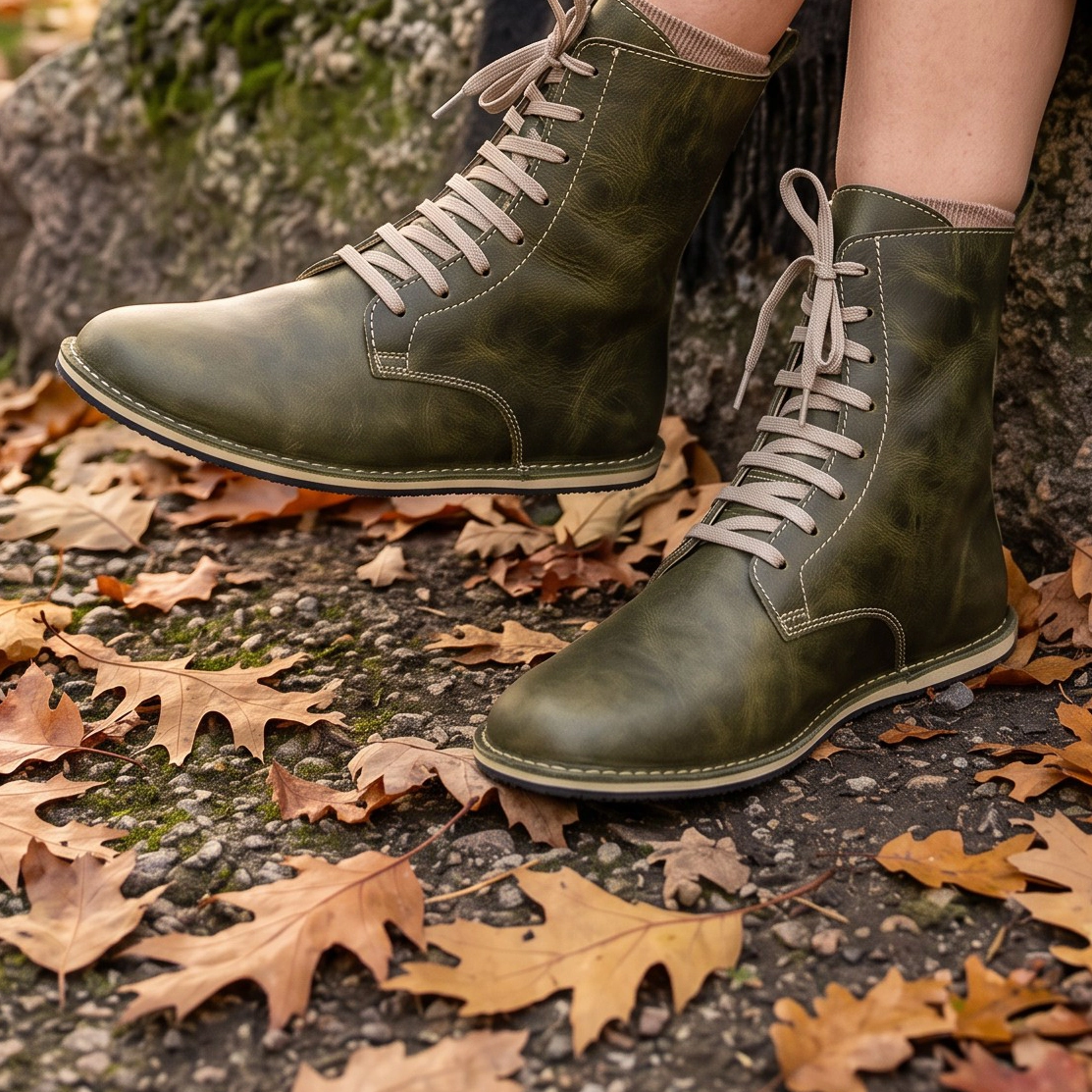 Women’s Olive Green Barefoot Lace-Up Boots – Genuine Leather, Handmade - Image 4