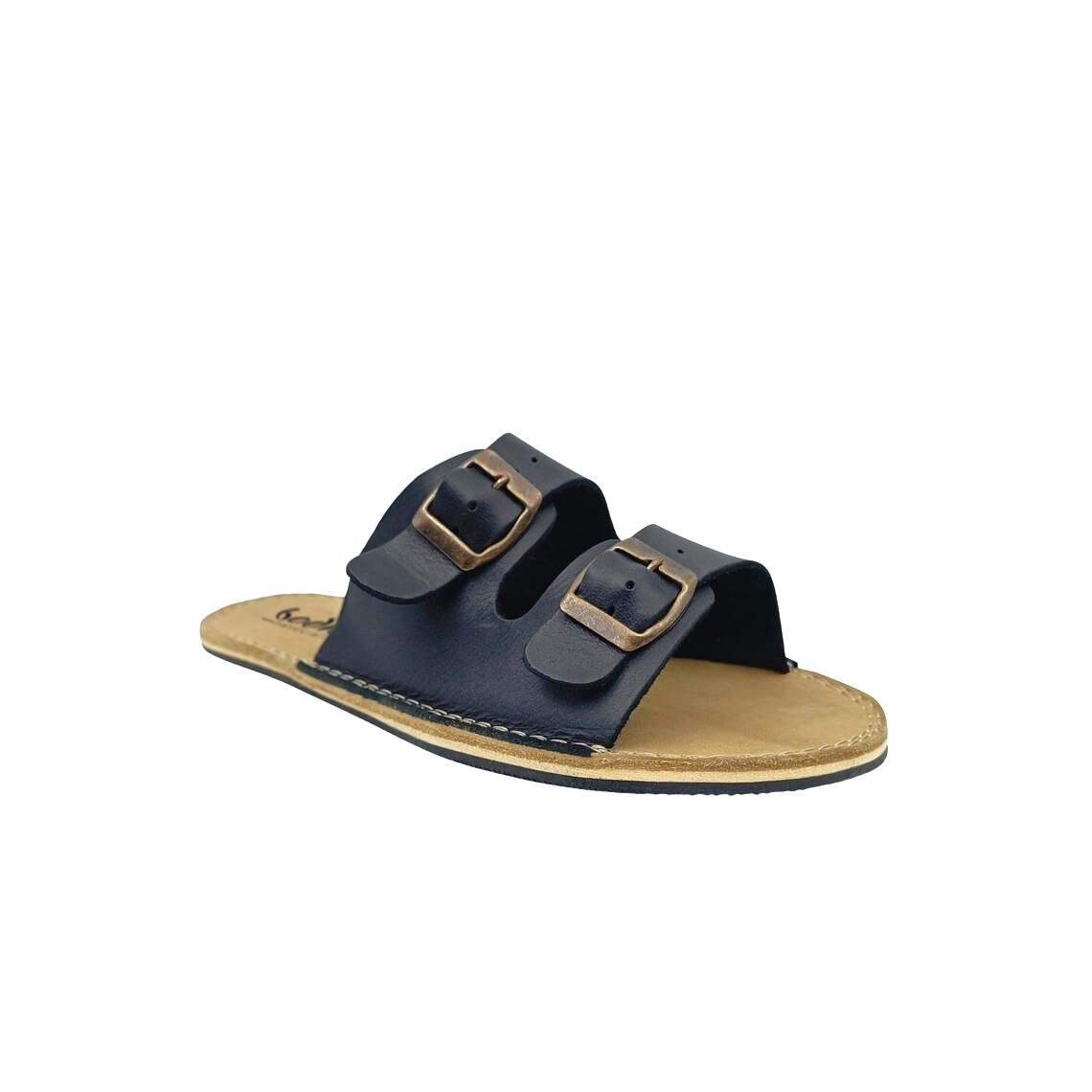 Women’s Black Leather Barefoot Double Buckle Sandals | Handmade Minimalist Slides - Image 9