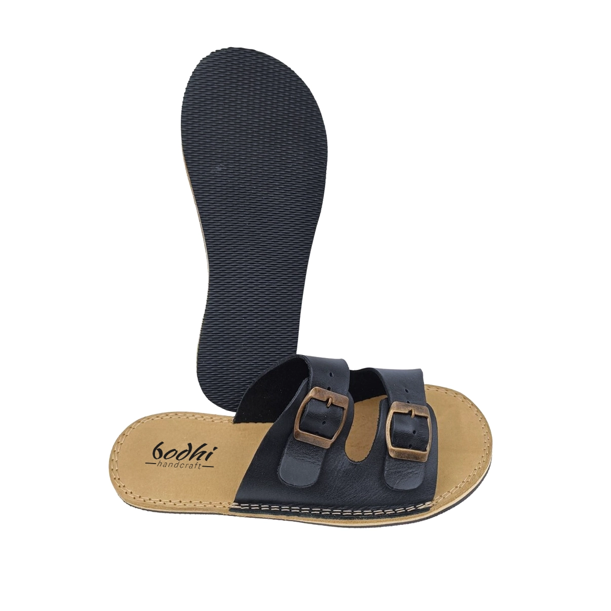 Women’s Black Leather Barefoot Double Buckle Sandals | Handmade Minimalist Slides - Image 8