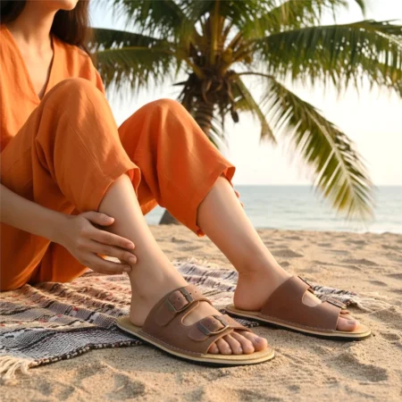 Taupe Barefoot Women’s Double Buckle Sandals – Genuine Leather | Handmade Minimalist Slides