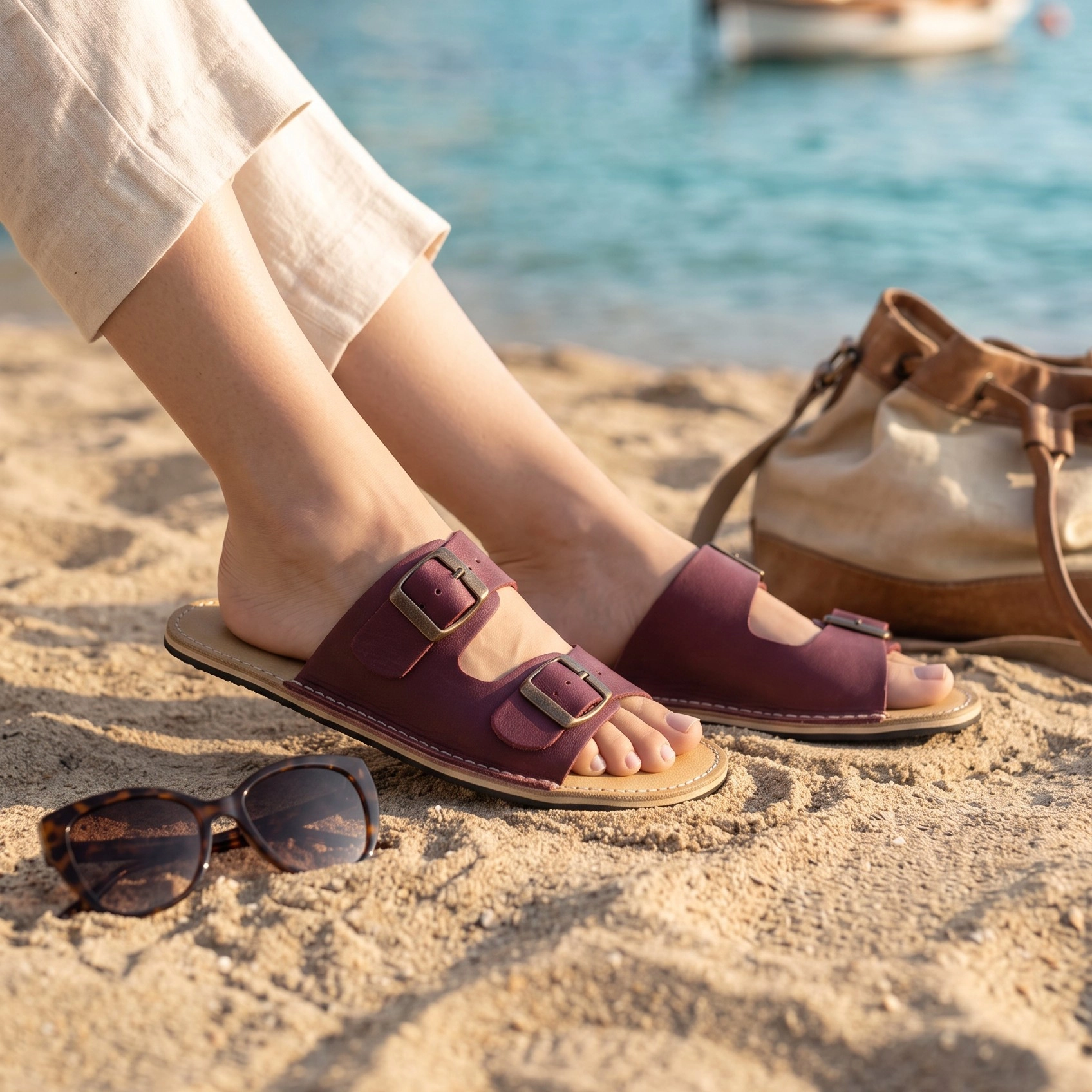 Bordo Gerçek Deri Barefoot Çift Bantlı Kadın Terlik | El Yapımı - Görsel 5