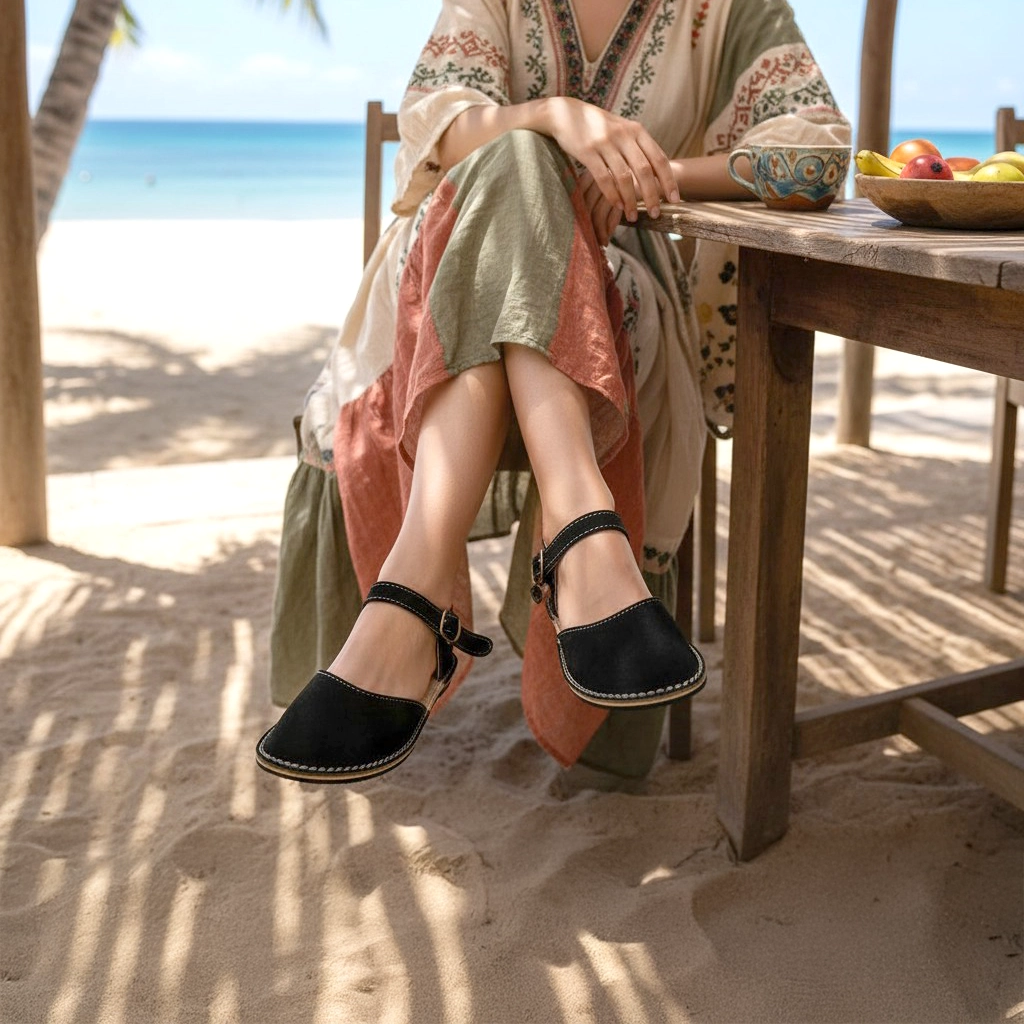 Siyah Süet Deri Kadın Barefoot Minimalist Sandalet | Kauçuk Taban