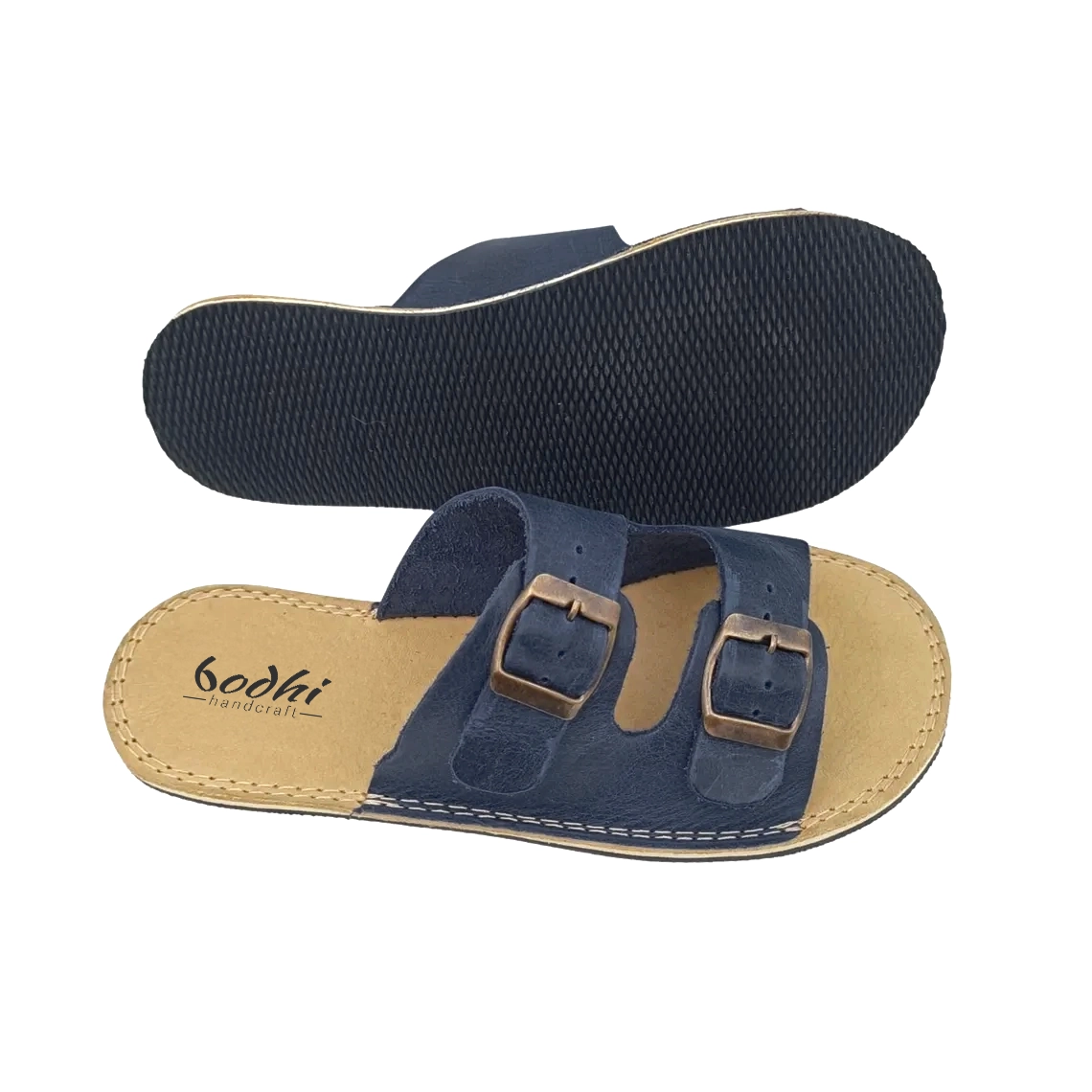 Navy Blue Leather Barefoot Women’s Double Buckle Sandals | Handmade Minimalist Slides - Image 4