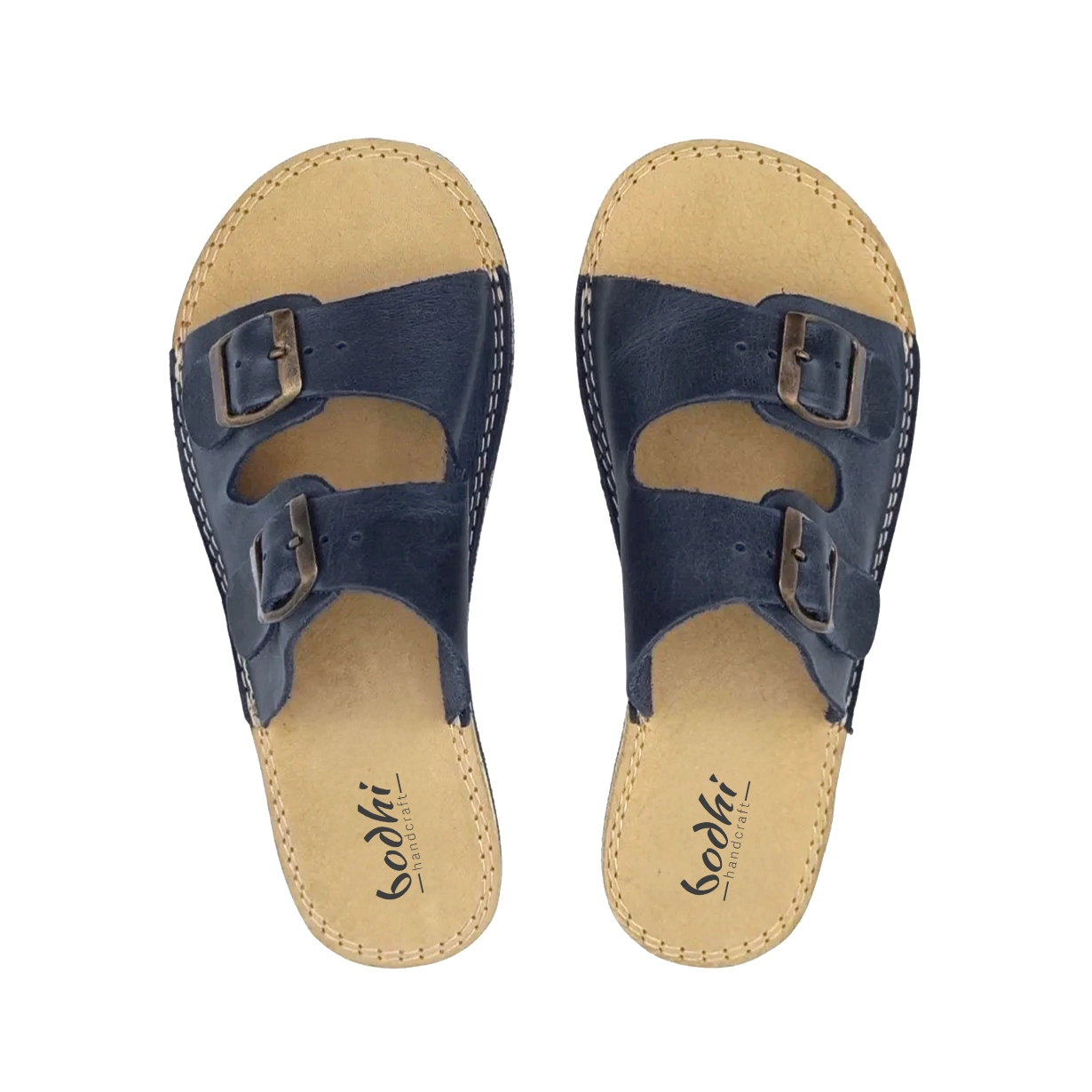 Navy Blue Leather Barefoot Women’s Double Buckle Sandals | Handmade Minimalist Slides - Image 2
