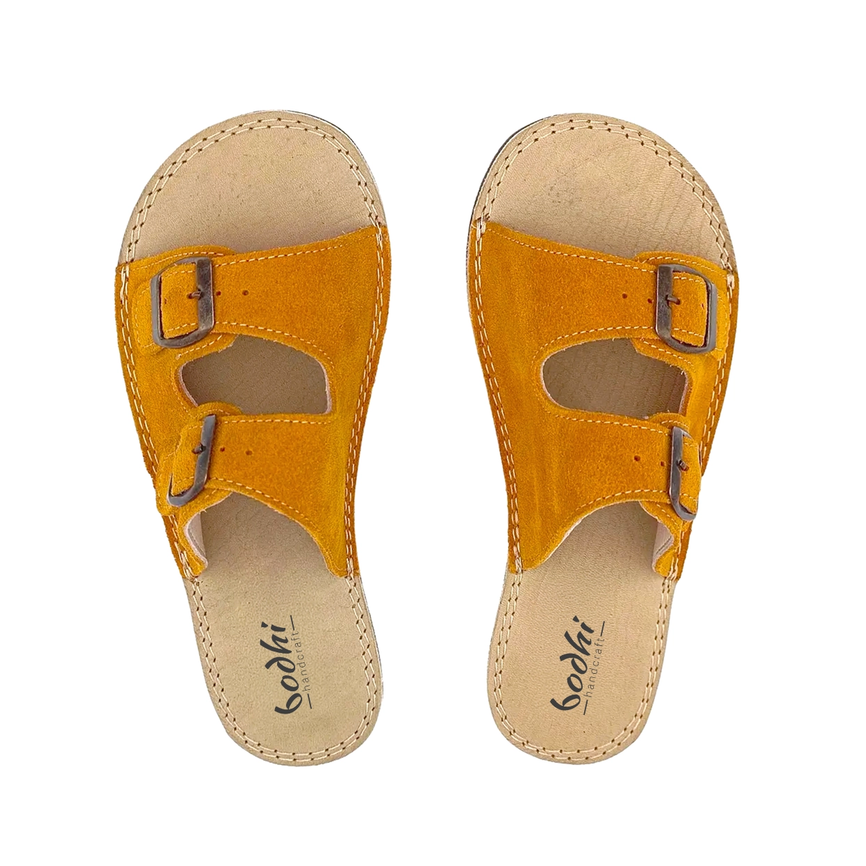 Sarı Süet Deri Barefoot Çift Tokalı Kadın Terliği | El İmalatı - Görsel 2