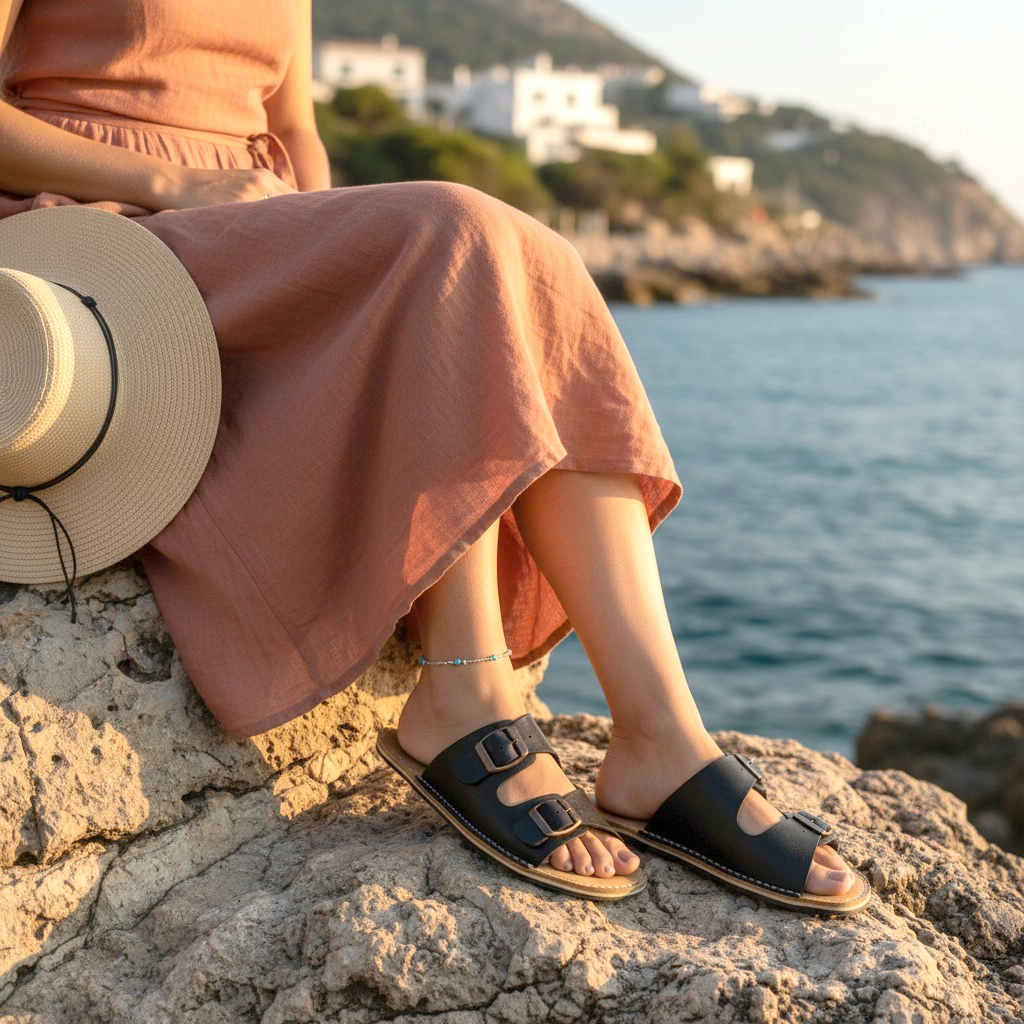 Kadın Siyah Deri Çift Bantlı Barefoot Terlik | El İmalatı Günlük Terlik - Görsel 4