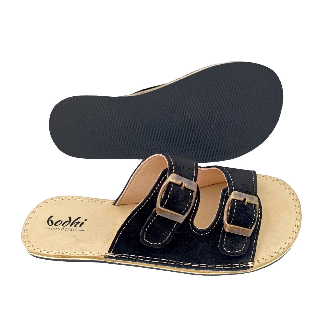 Double Buckle Black Suede Leather Barefoot Women’s Slides | Handmade - Image 4