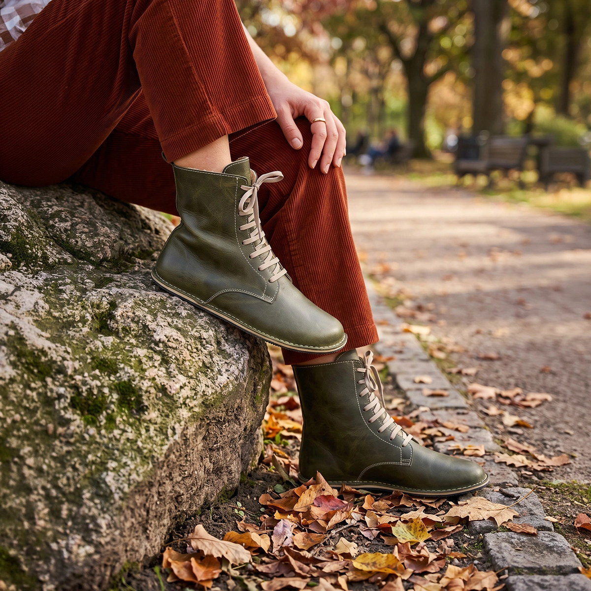 Women’s Olive Green Barefoot Lace-Up Boots – Genuine Leather, Handmade - Image 2