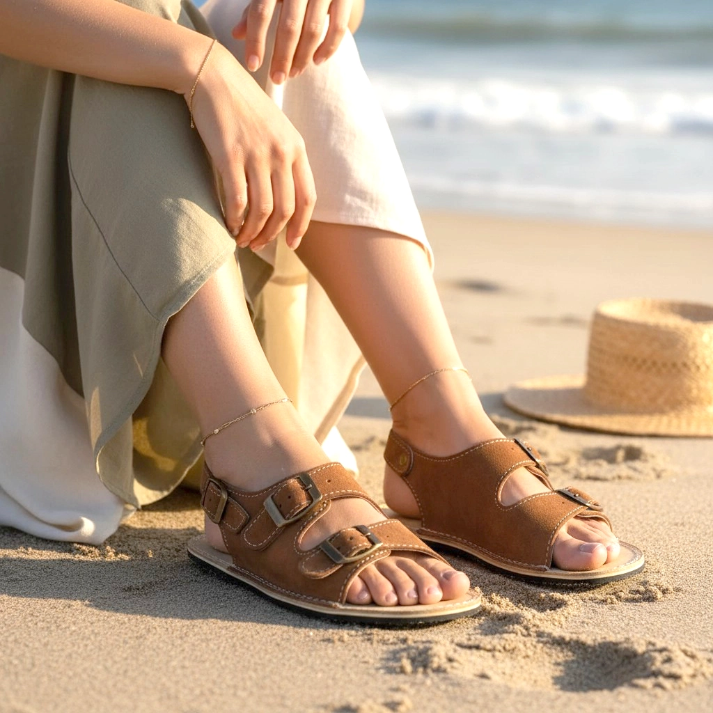 Women's Brown Suede Leather Barefoot Double Strap Sandals | Handmade - Image 2