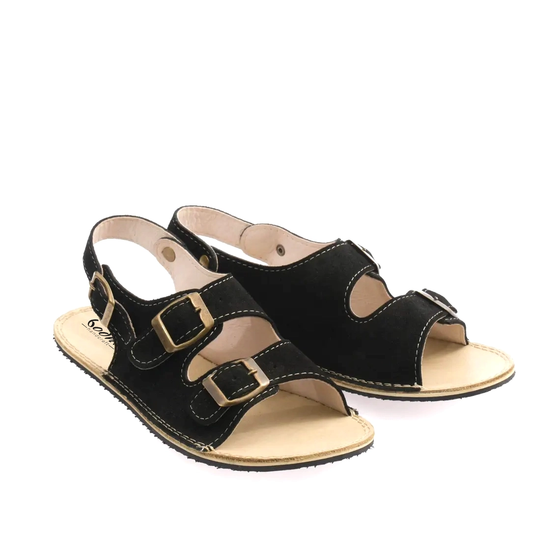 Women's Black Suede Leather Barefoot Double Strap Sandals | Rubber Sole - Image 5
