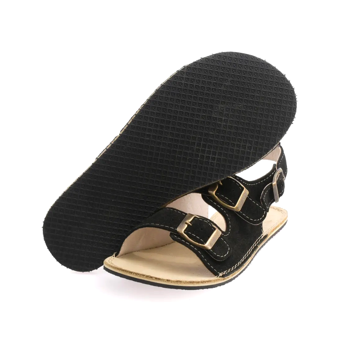 Women's Black Suede Leather Barefoot Double Strap Sandals | Rubber Sole - Image 4